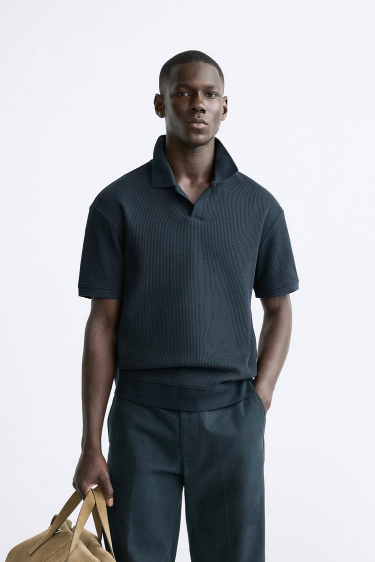 TEXTURED POLO SHIRT WITH RIBBED TRIMS